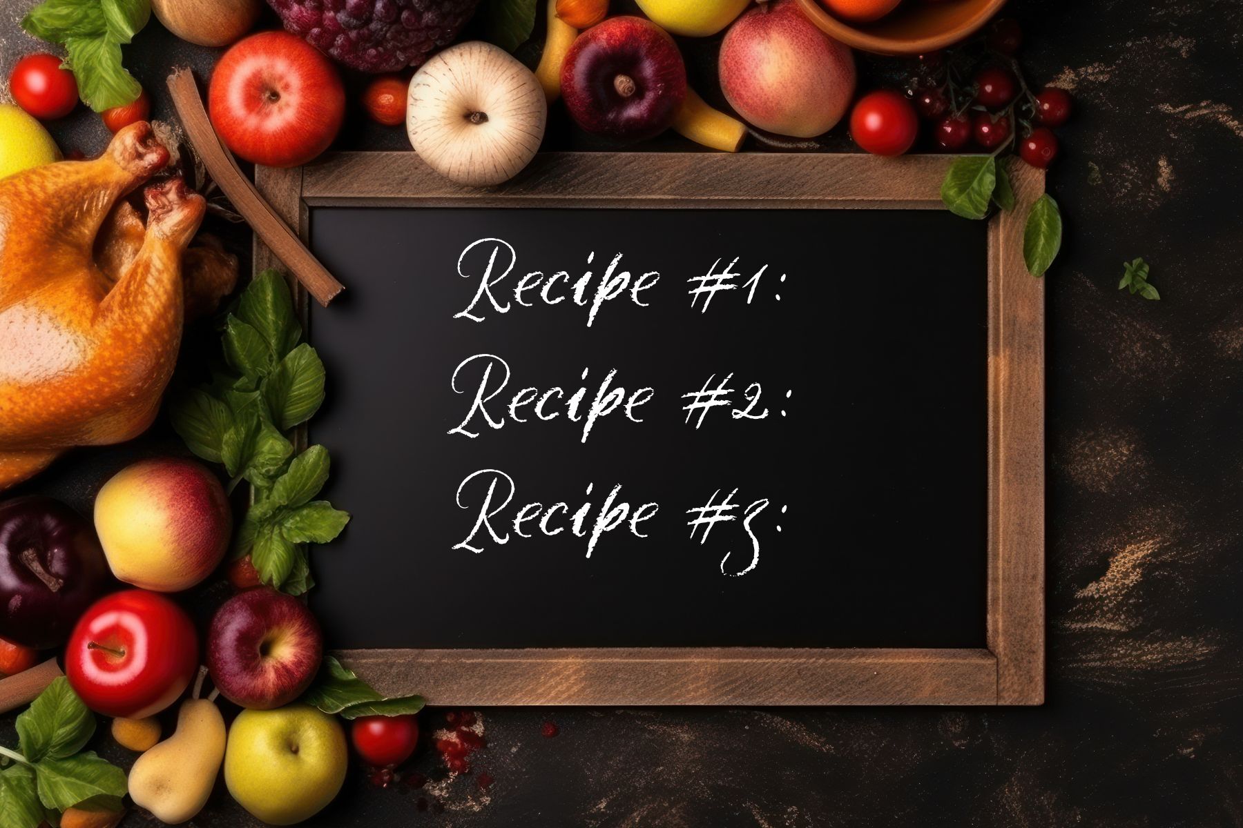 Black board dark sombre vibe recipe list vegetables around canva